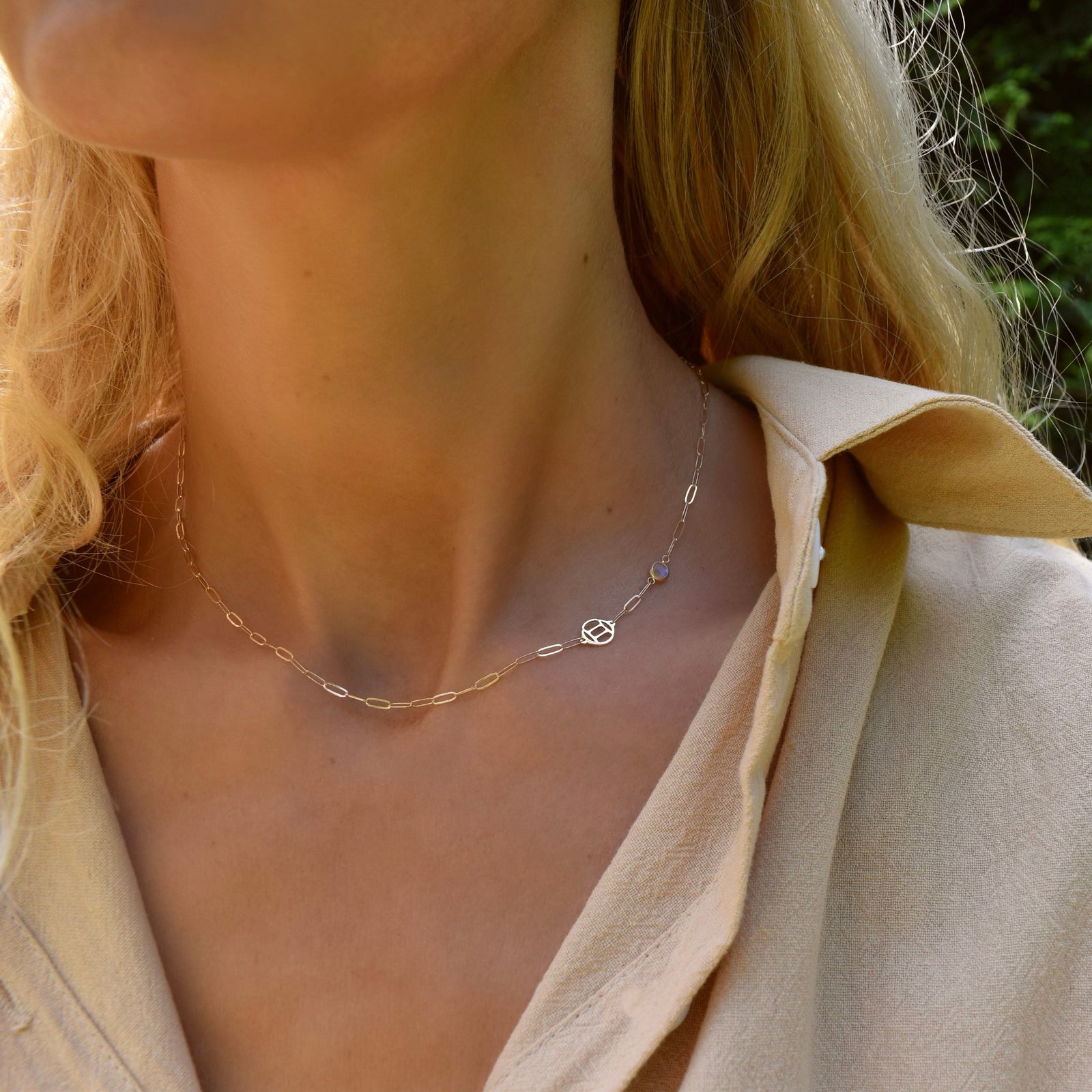 Gemini & Birthstone Necklace on Adelaide Mini in 14k Gold