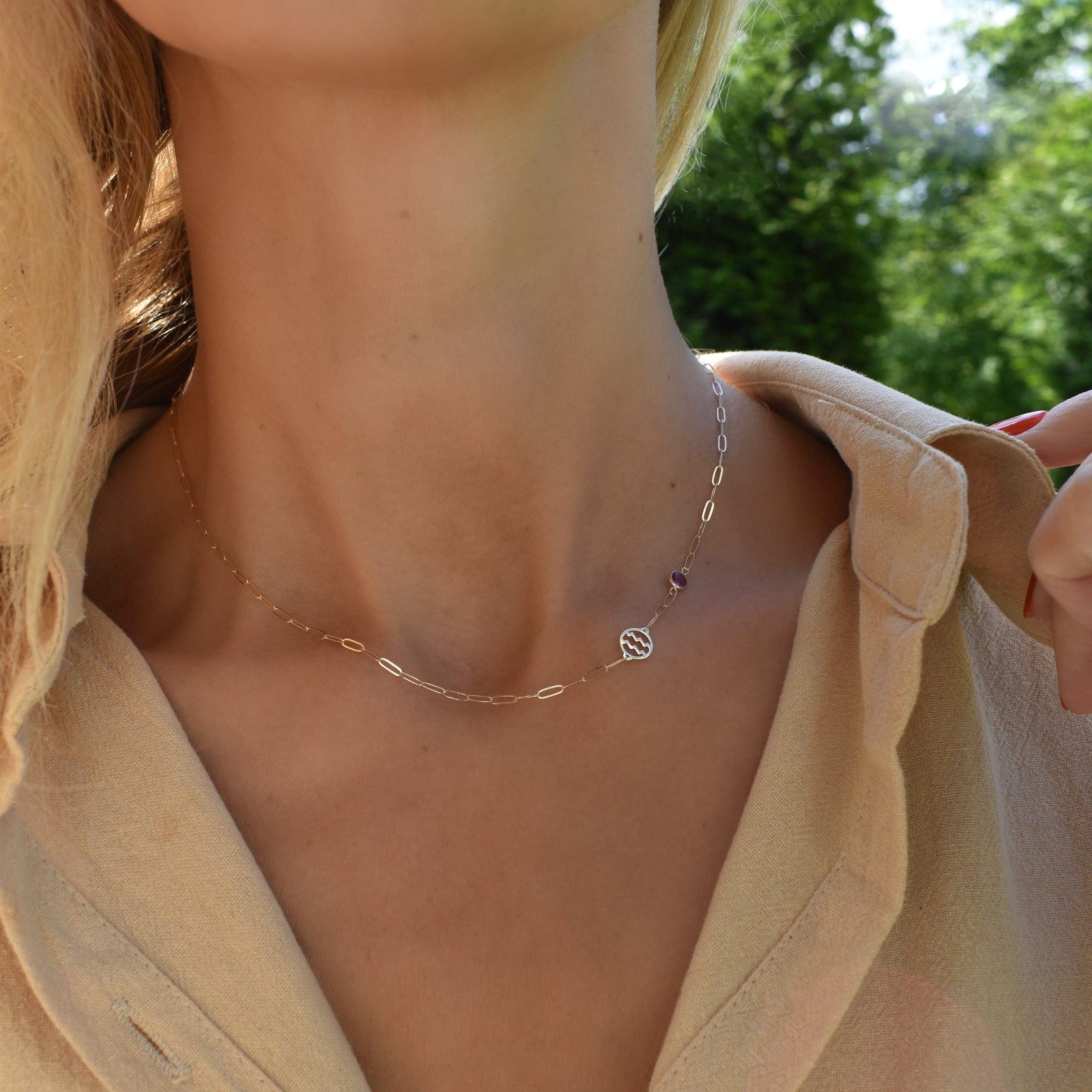 Aquarius & Birthstone Necklace on Adelaide Mini in 14k Gold