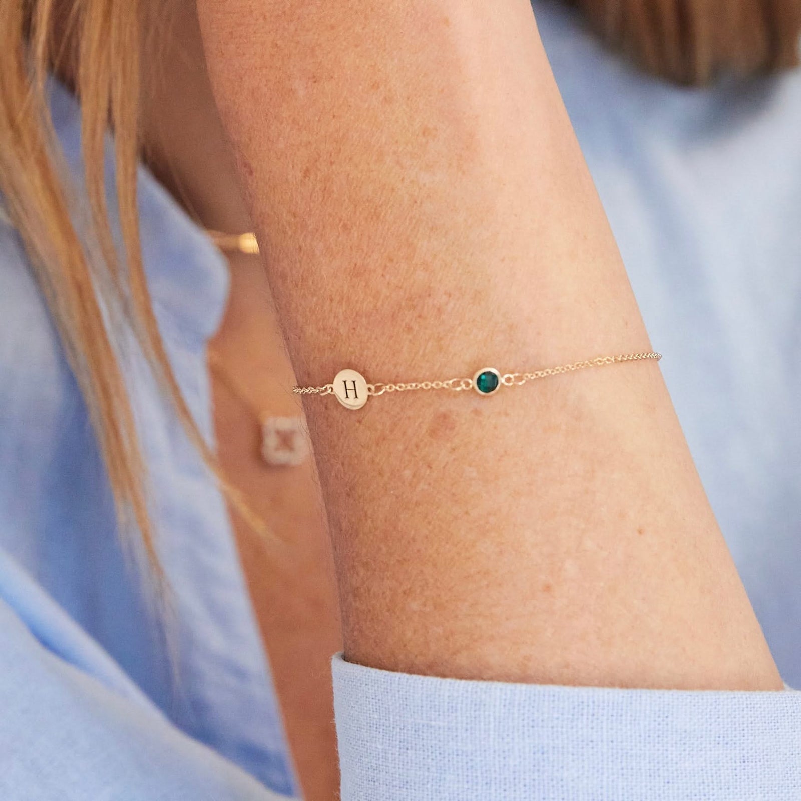 1 Letter & 1 Petite Birthstone Bracelet in 14k Gold