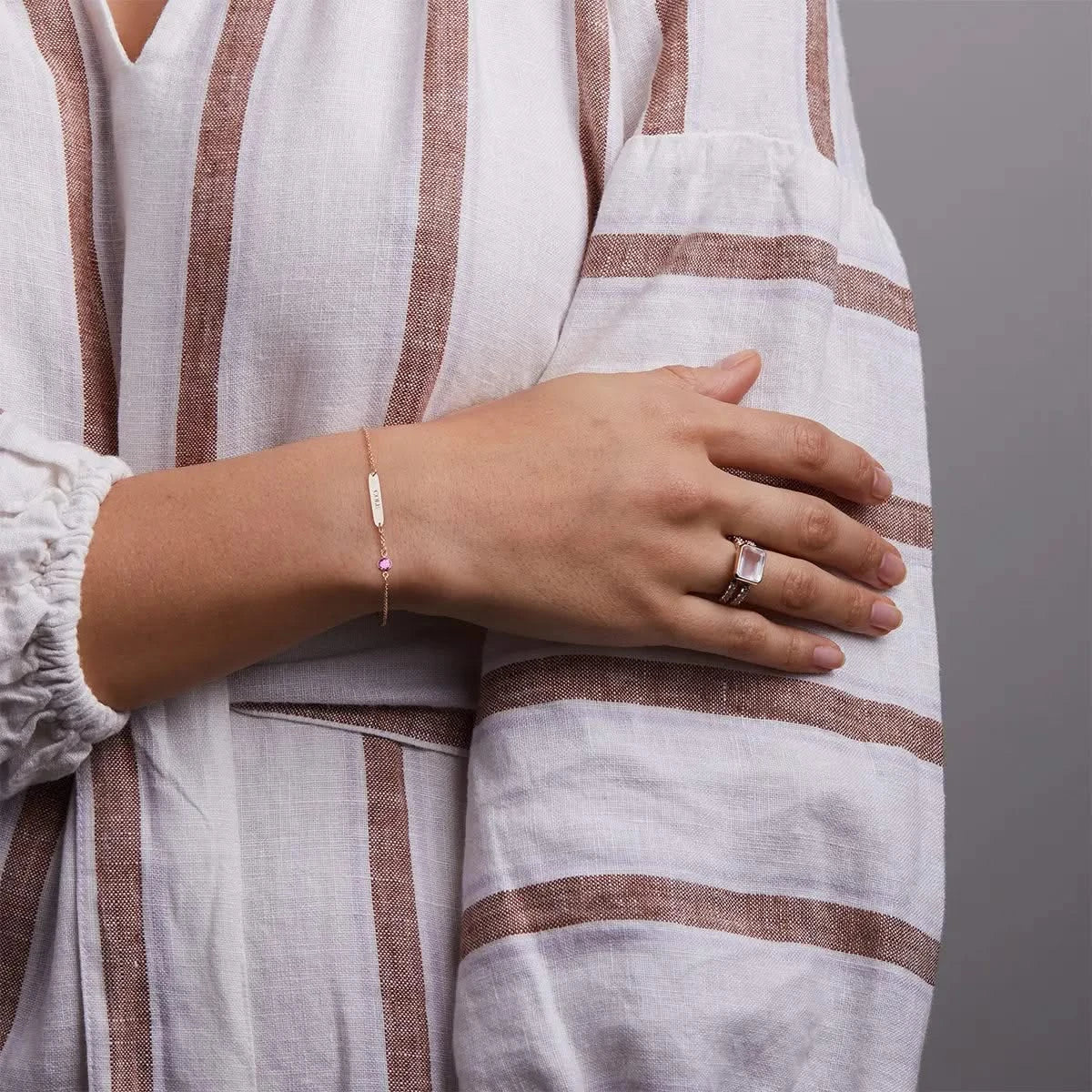 1 Nameplate & 1 Petite Pink Sapphire Bracelet in 14k Gold (October)