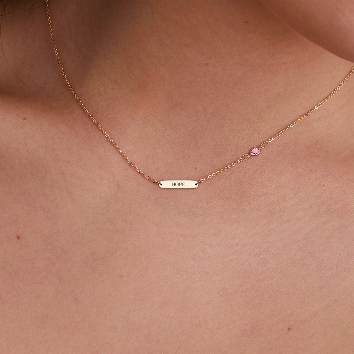 Pink Awareness HOPE & 1 Petite Pink Sapphire Necklace in 14k Gold