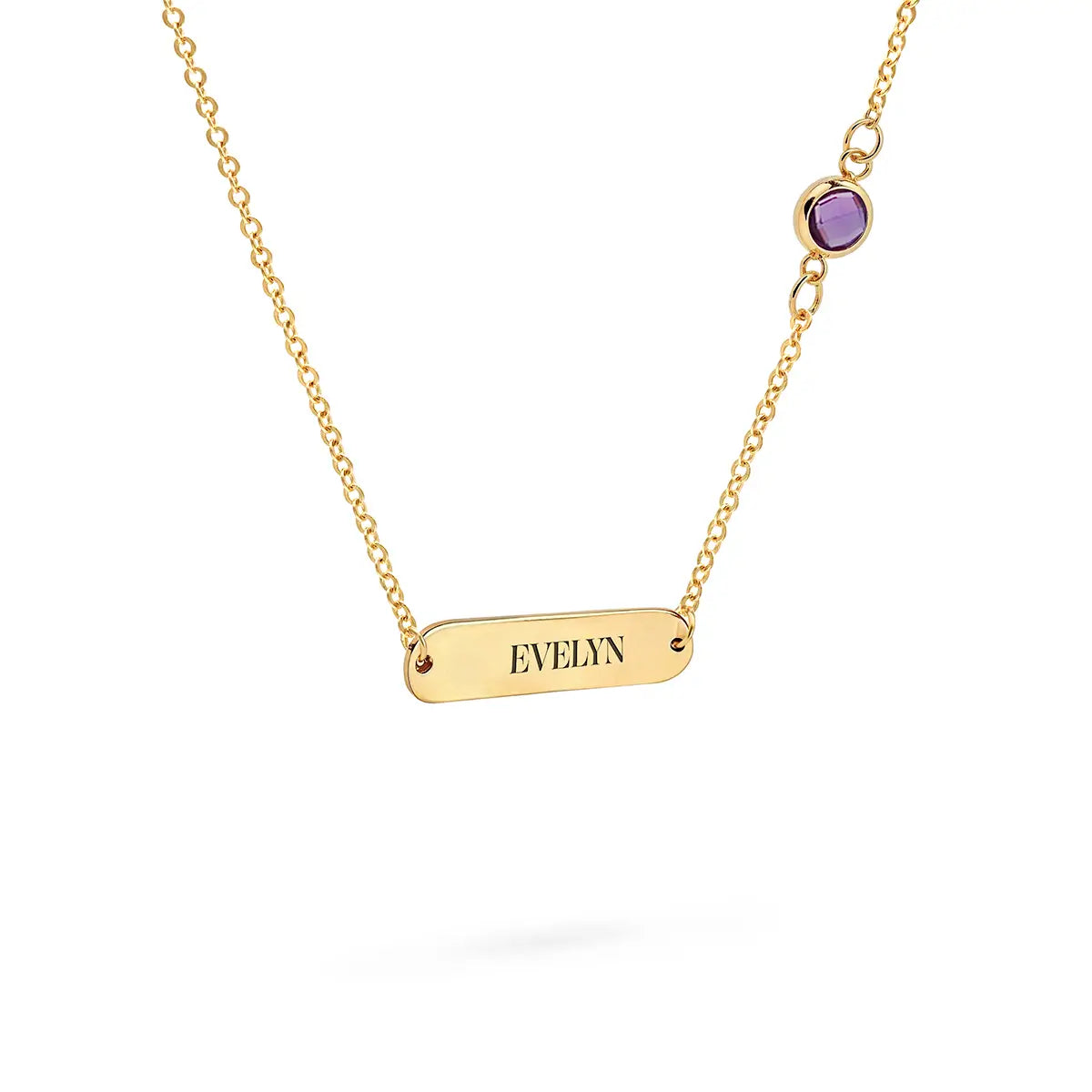 1 Nameplate & 1 Petite Amethyst Necklace in 14k Gold (February)