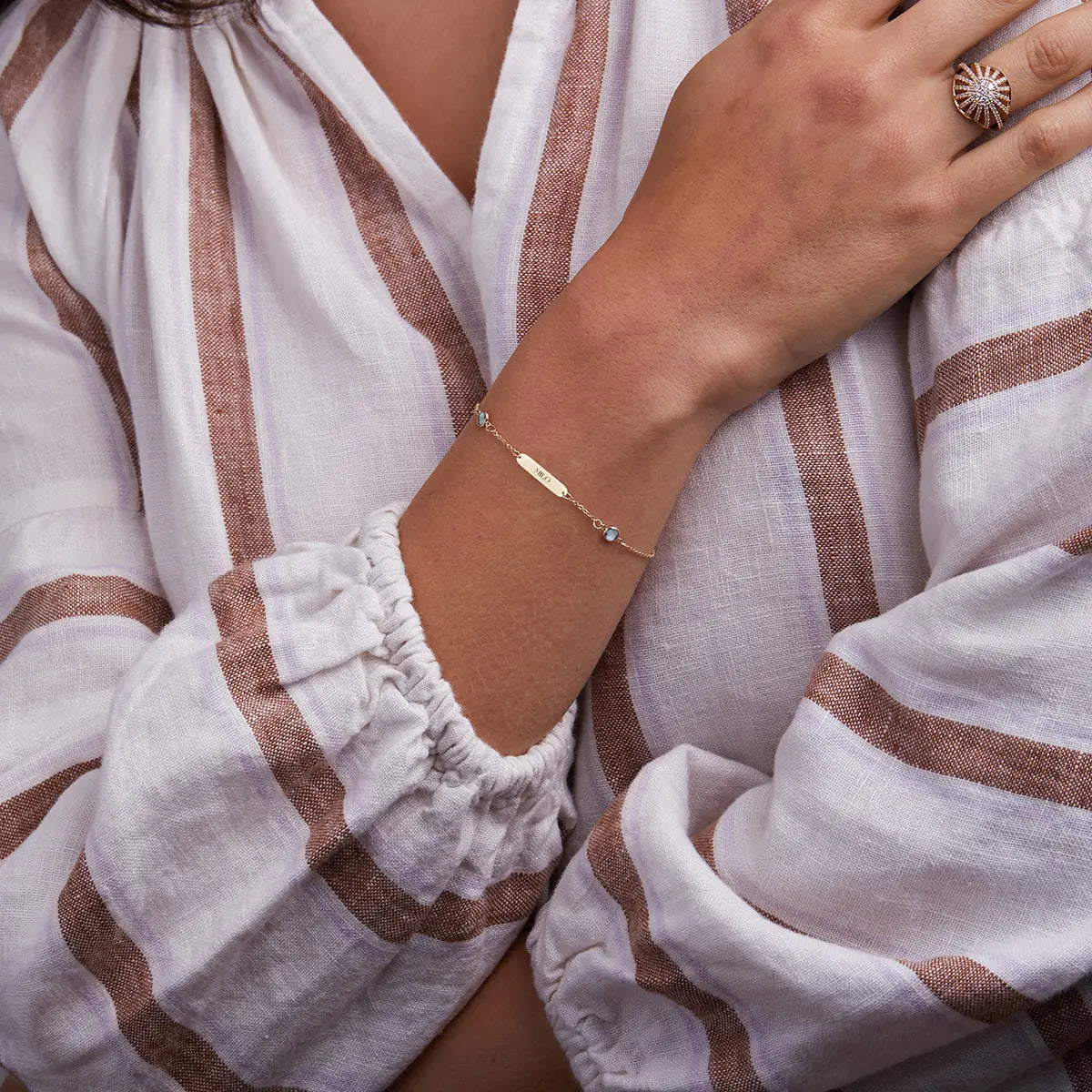 1 Nameplate & 6 Petite Nantucket Blue Topaz Bracelet in 14k Gold (December)