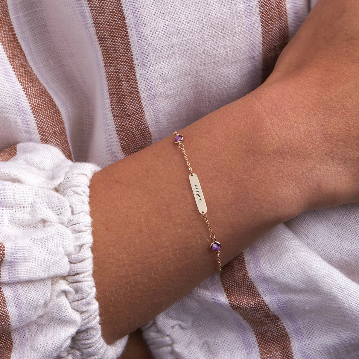 1 Nameplate & 6 Petite Amethyst Bracelet in 14k Gold (February)