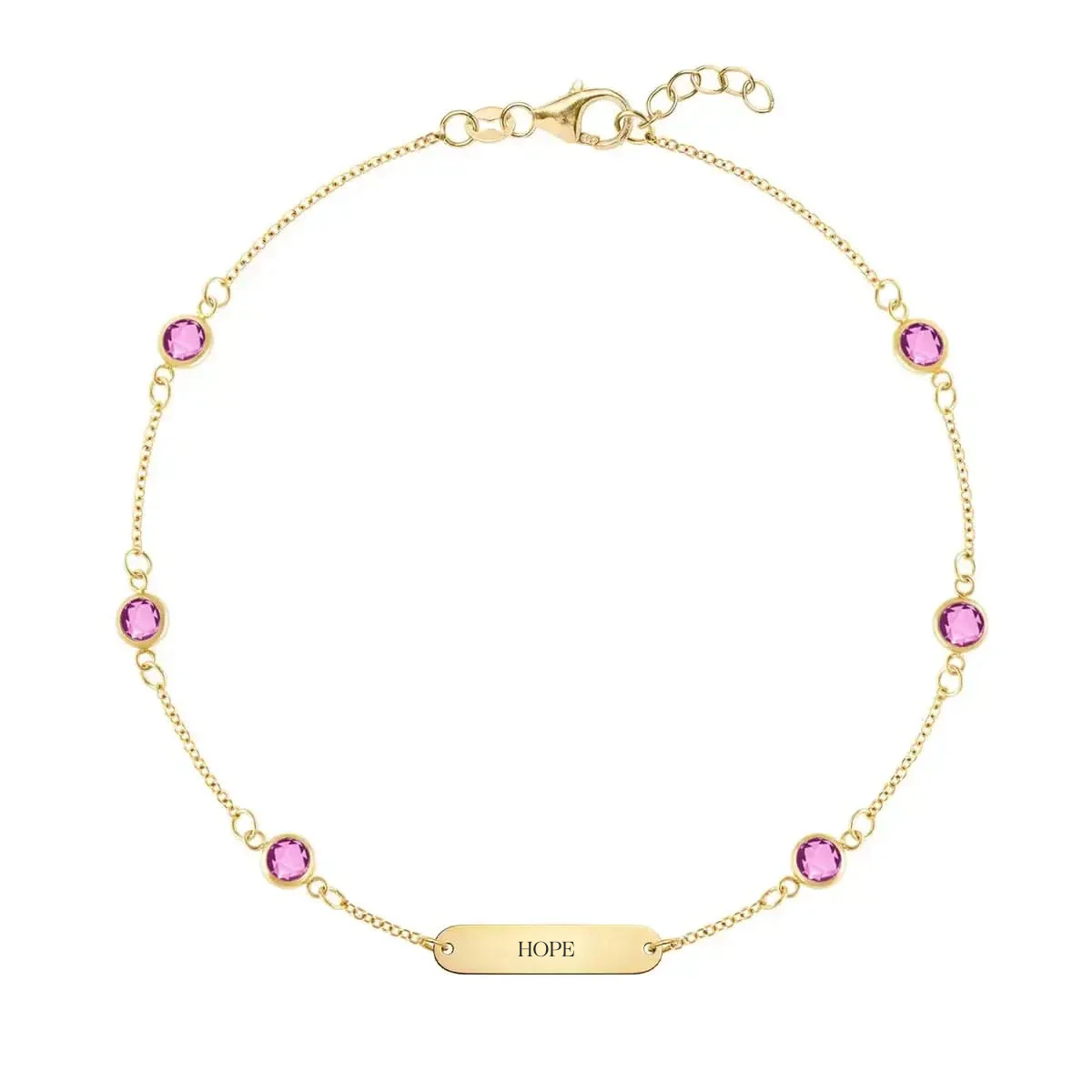 Pink Awareness HOPE & 6 Petite Pink Sapphire Bracelet in 14k Gold