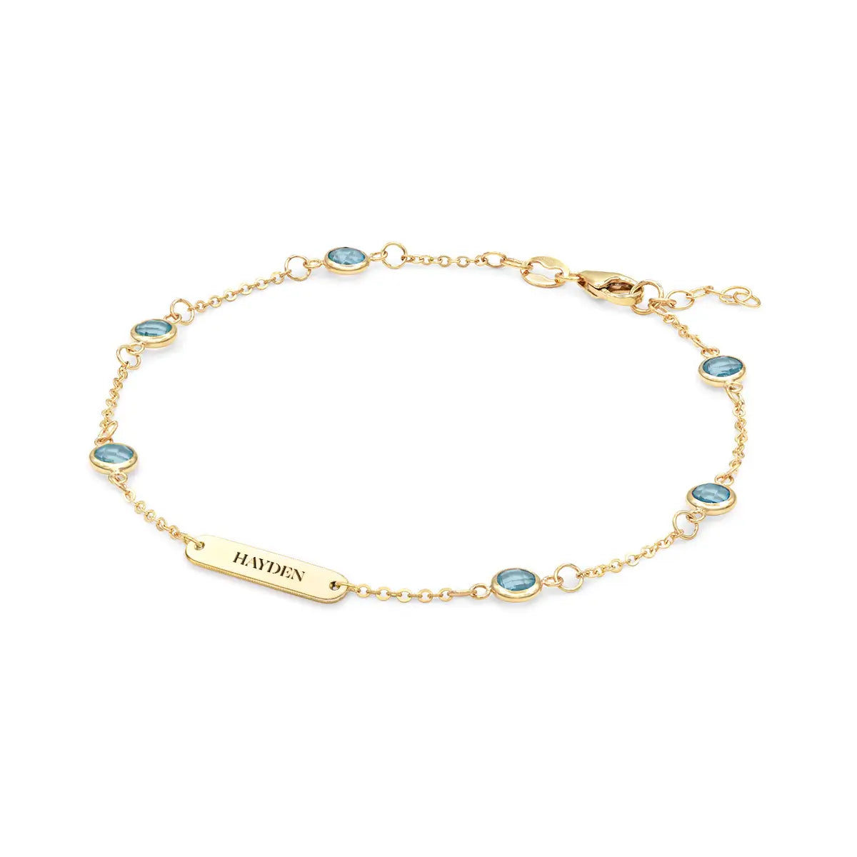 1 Nameplate & 6 Petite Nantucket Blue Topaz Bracelet in 14k Gold (December)