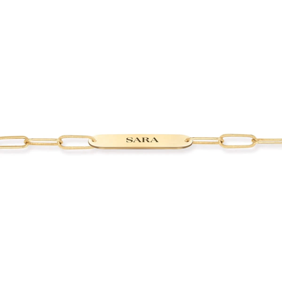 Close-up of 14k white gold nameplate engraved with "SARA" on Adelaide Mini chain.