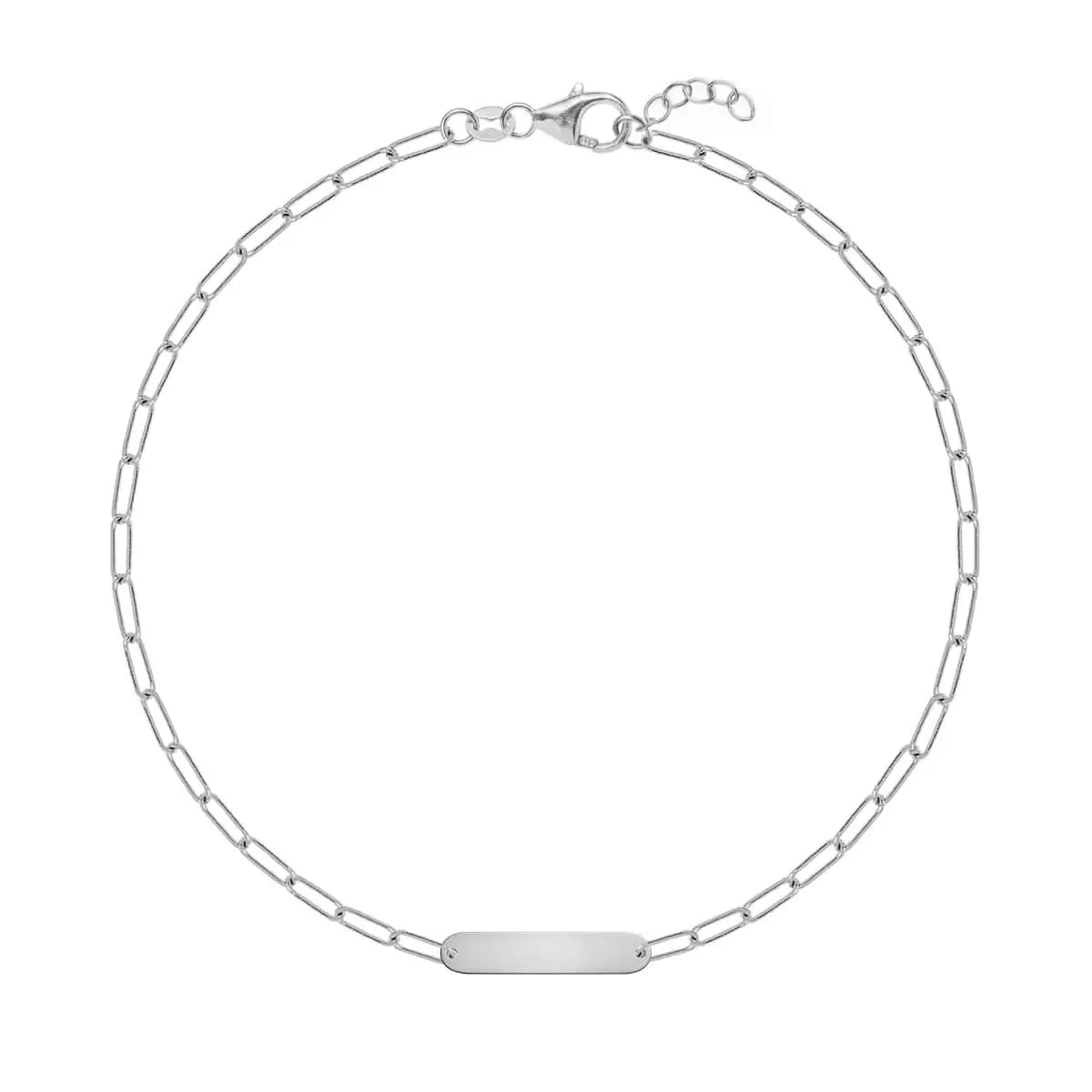 Minimalist 14k white gold bracelet with delicate nameplate and fine chain, shown laid flat with extender clasp - front view.