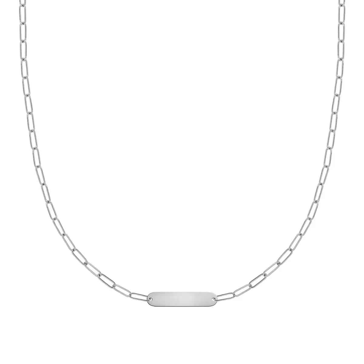 14k white gold Adelaide Mini necklace featuring one blank 16.33 x 3.72 mm flat petite engraved nameplate - front view.