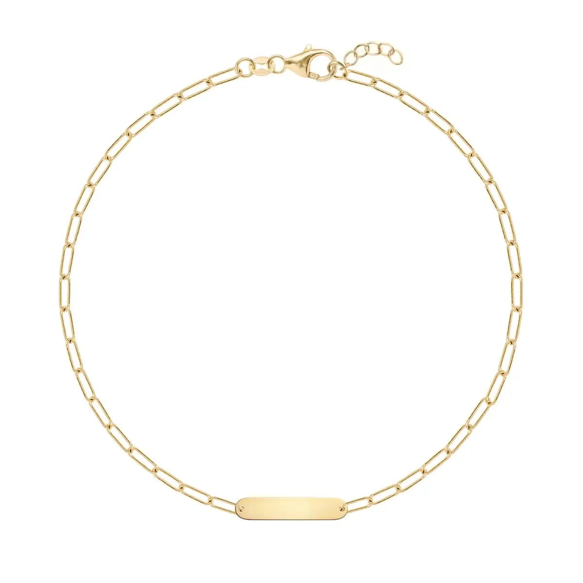 Minimalist 14k yellow gold bracelet with delicate nameplate and fine chain, shown laid flat with extender clasp - front view.