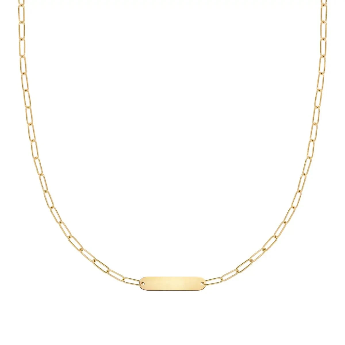 14k yellow gold Adelaide Mini necklace featuring one blank 16.33 x 3.72 mm flat petite engraved nameplate - front view.
