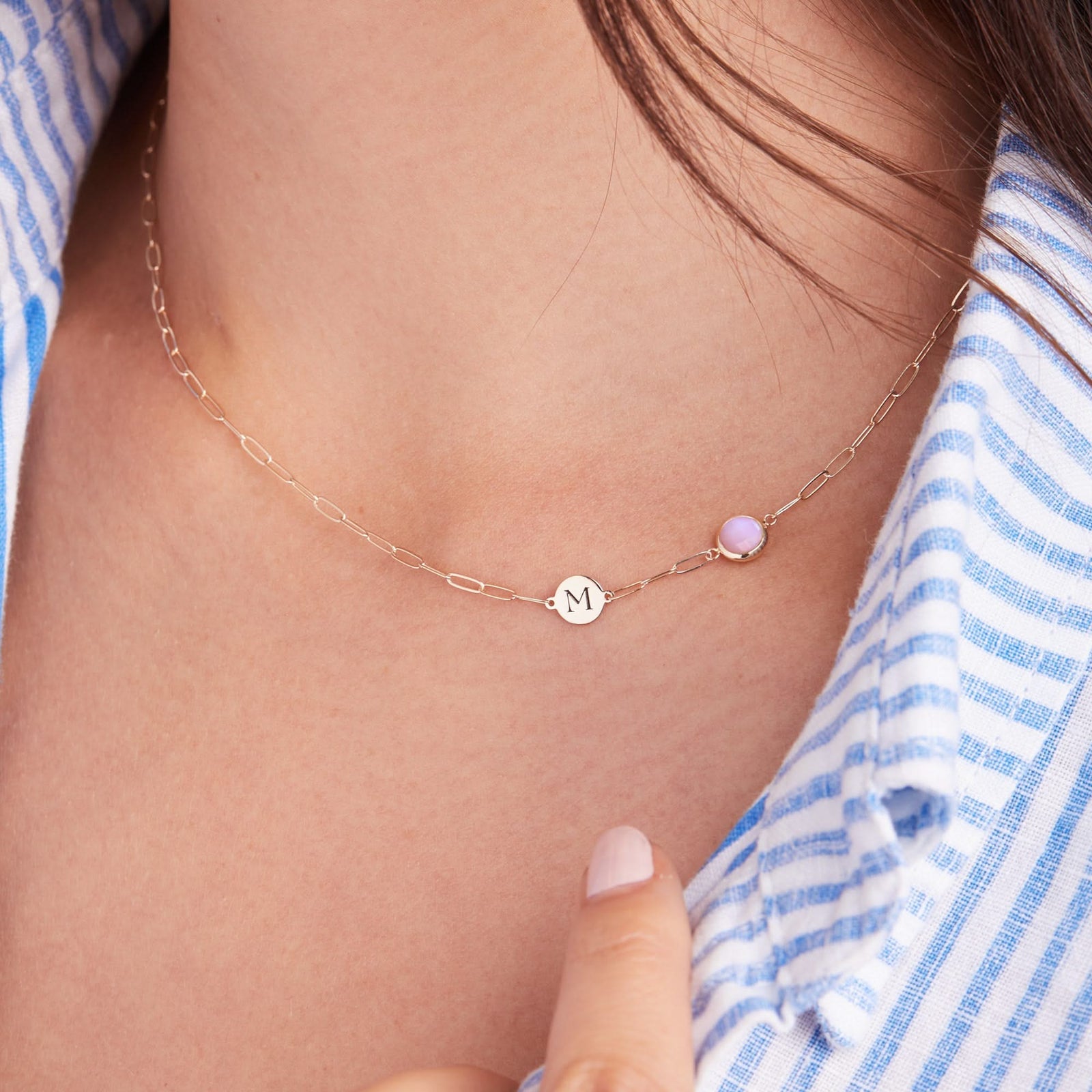 1 Letter & 1 Grand Pink Opal Adelaide Mini Necklace in 14k Gold (October)