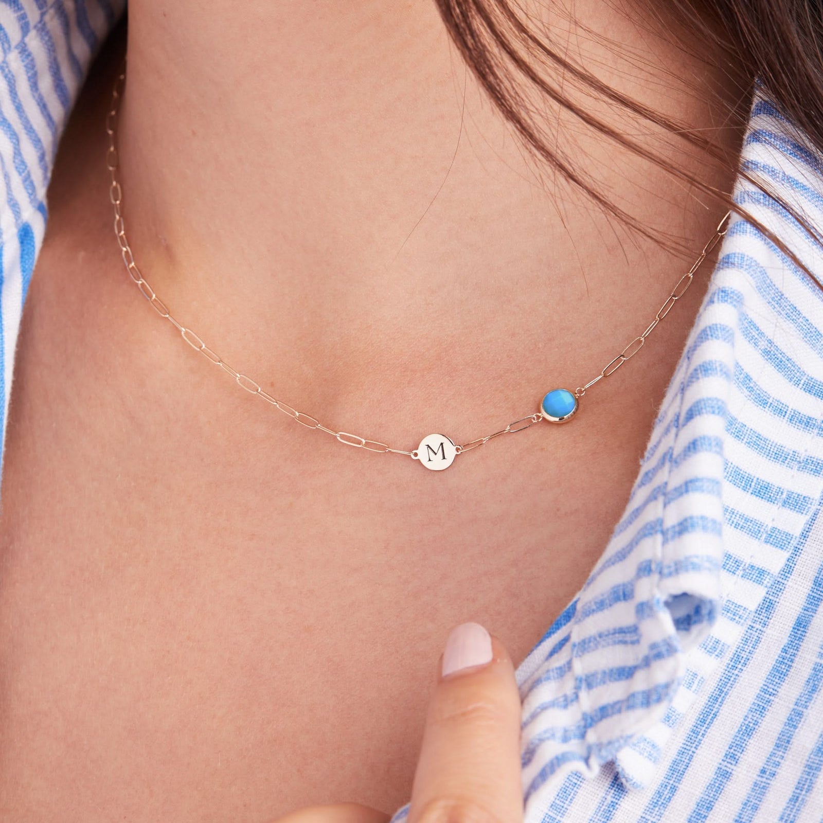 1 Letter & 1 Grand Turquoise Adelaide Mini Necklace in 14k Gold (December)