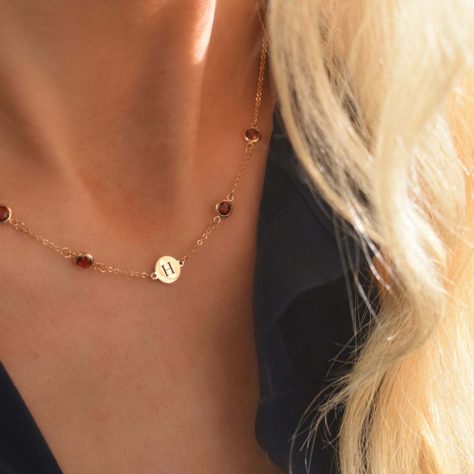1 Letter & 4 Petite Garnet Necklace in 14k Gold (January)