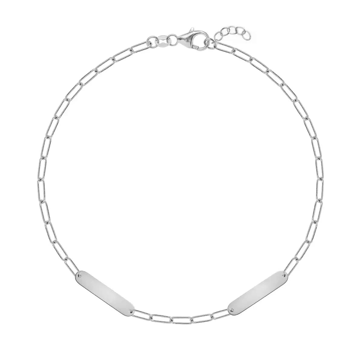 14k white gold Adelaide Mini bracelet with two 16.33 x 3.72 mm flat petite engraved Nameplates - front view.