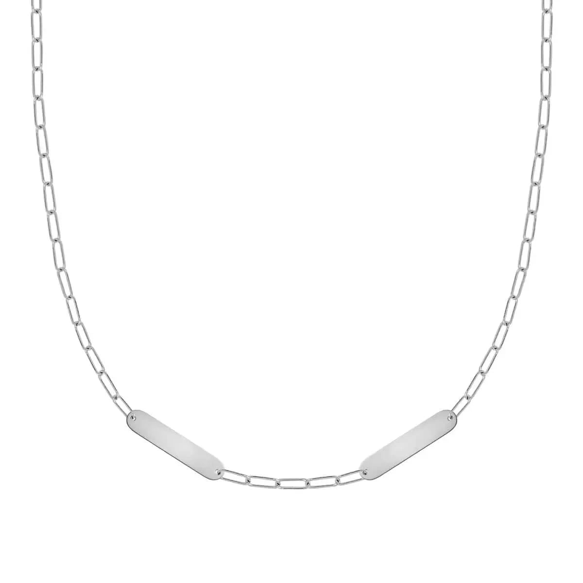 14k white gold necklace with two 16.33 x 3.72 mm petite blank flat nameplates on fine Adelaide Mini paperclip chain - front view.