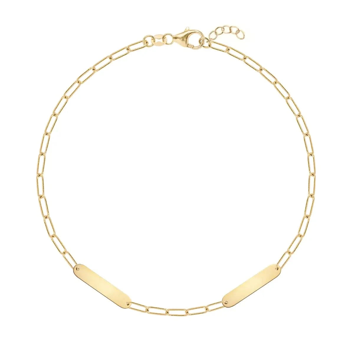 14k yellow gold Adelaide Mini bracelet with two 16.33 x 3.72 mm flat petite engraved Nameplates - front view.