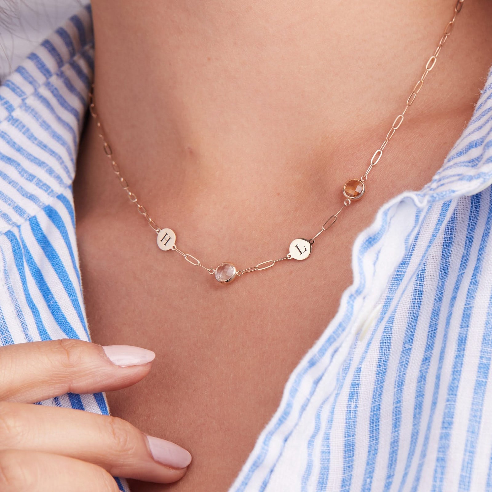 2 Letter & 2 Grand Birthstone Adelaide Mini Necklace in 14k Gold