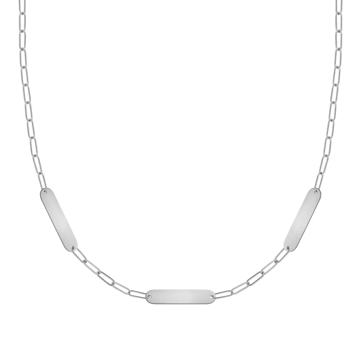 14k white gold Adelaide Mini necklace with three blank 16.33x 3.72 mm engravable flat nameplates for personalized names or messages - front view.