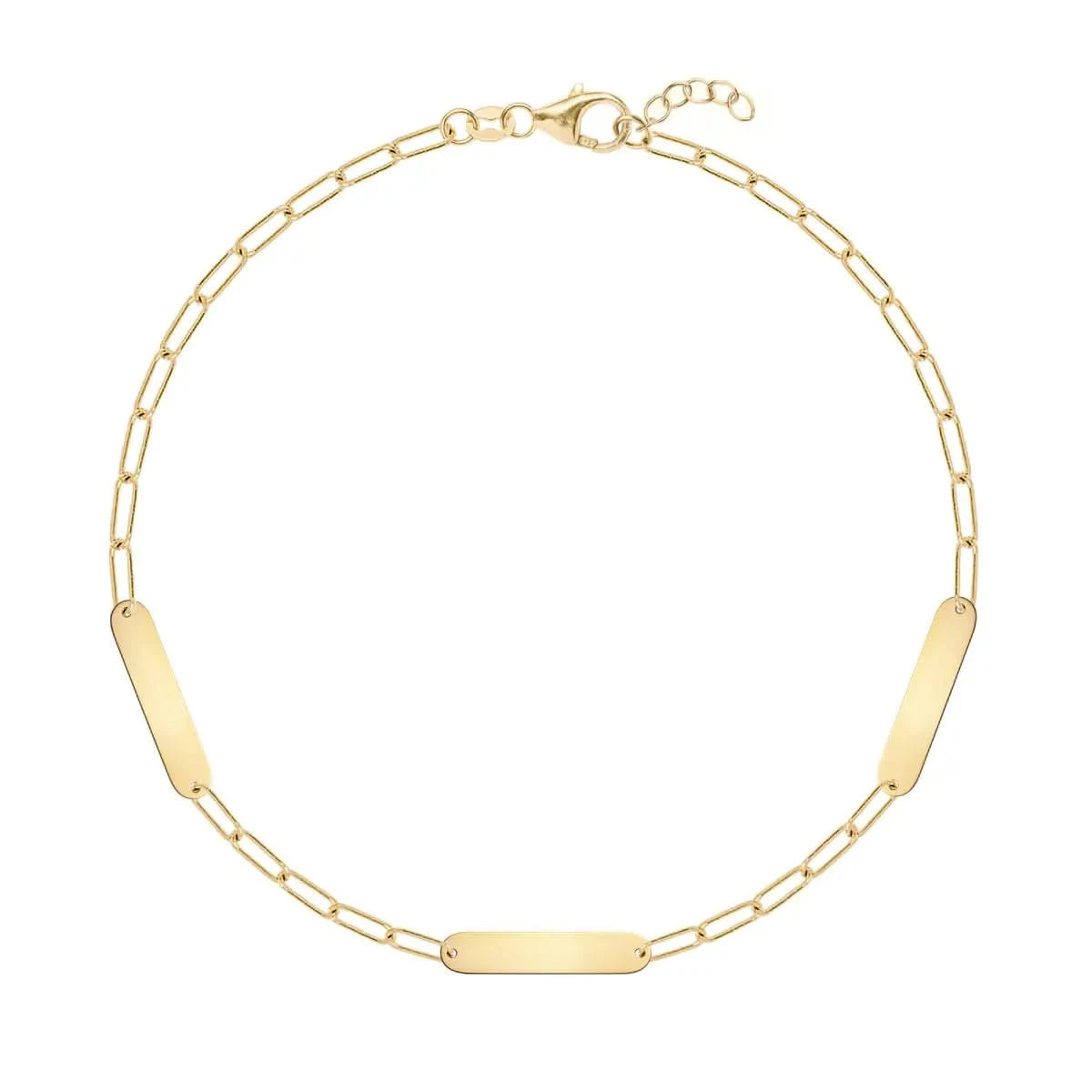Three 16.33 x 3.72 mm flat petite nameplates on a 14k yellow gold Adelaide Mini chain bracelet with extender clasp - front view.