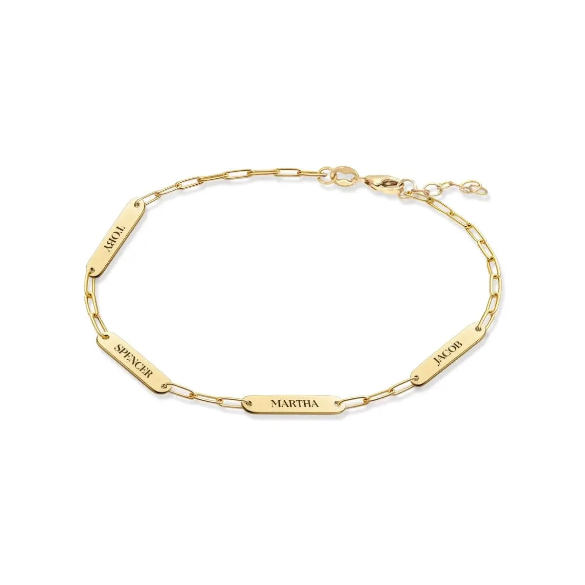 Custom 14k yellow gold bracelet engraved with the names Toby, Spencer, Martha, and Jacob on four petite flat nameplates.