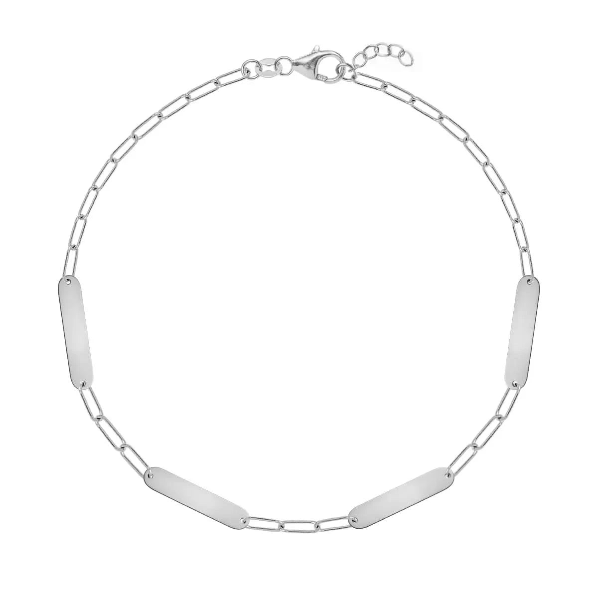 Four unengraved 16.33 x 3.72 mm flat petite nameplates on a 14k white gold Adelaide Mini chain bracelet with extender clasp - front view.