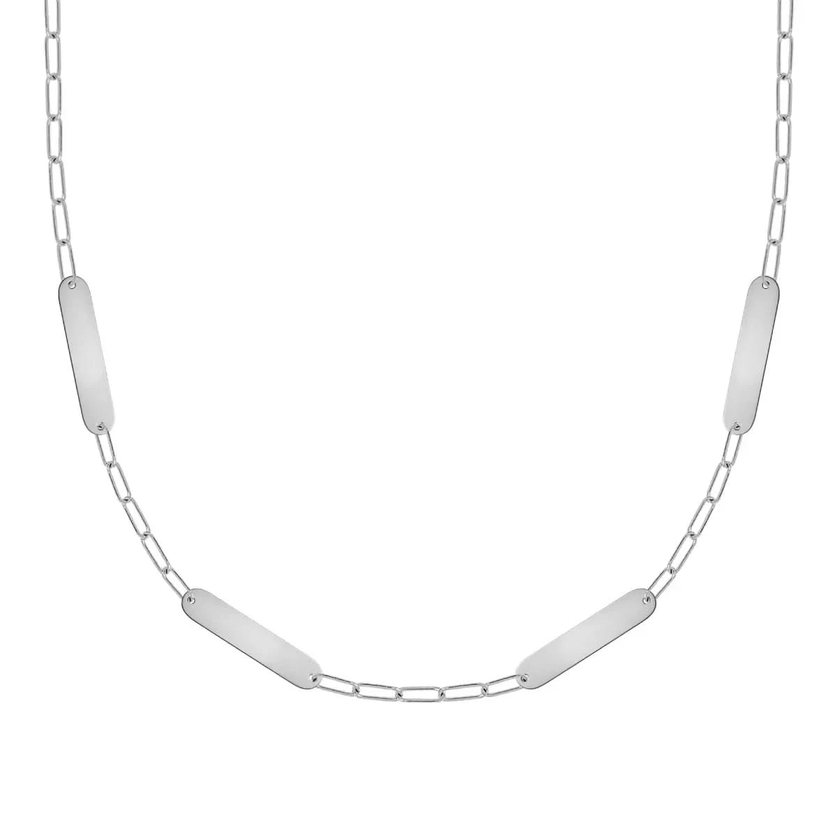 14k white gold Adelaide Mini necklace with four 16.33 x 3.72 mm blank engravable nameplates for personalized names or messages - front view.