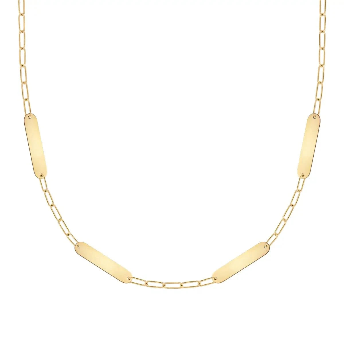 14k yellow gold Adelaide Mini necklace with four 16.33 x 3.72 mm blank engravable nameplates for personalized names or messages - front view.