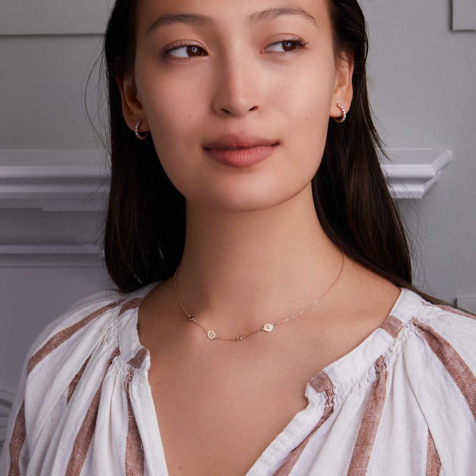 2 Letter & 2 Petite Birthstone Necklace in 14k Gold (Double Spacing)