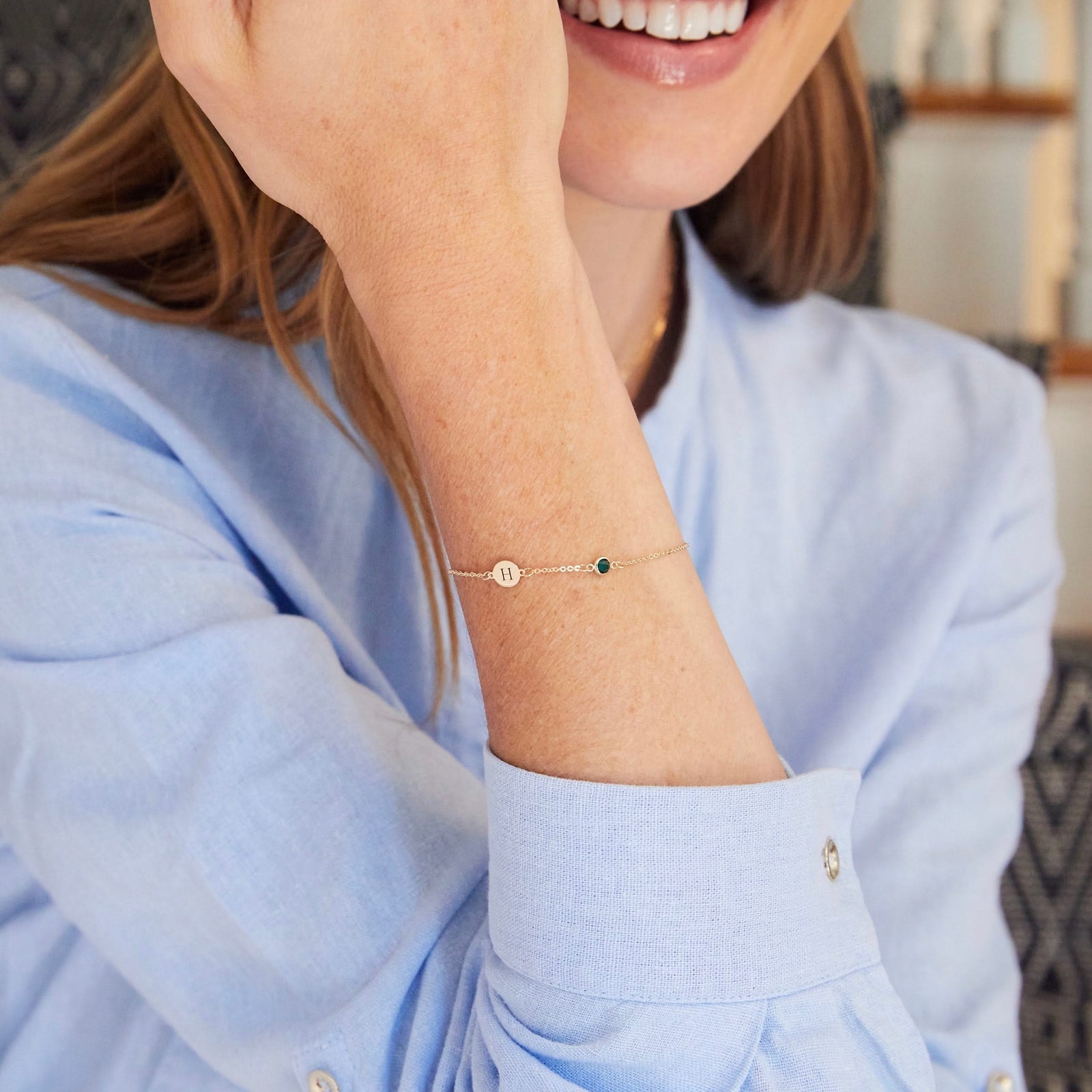 1 Letter & 1 Petite Birthstone Bracelet in 14k Gold