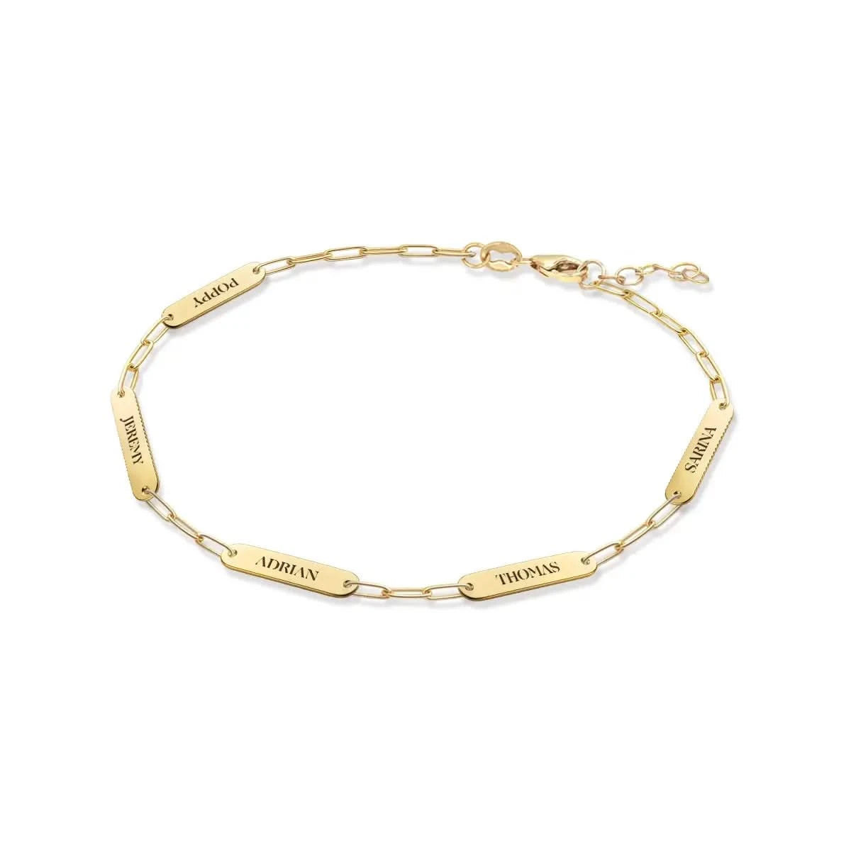 Custom 14k yellow gold bracelet engraved with the names Poppy, Jeremy, Adrian, Thomas, and Sarina on five 16.33 x 3.72 mm flat petite nameplates.