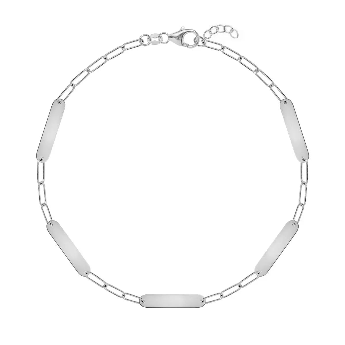 Five 16.33 x 3.72 mm flat petite nameplate bracelet in 14k white gold with blank nameplates on Adelaide Mini chain and lobster clasp closure.