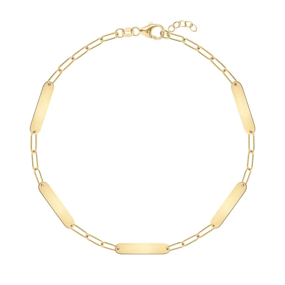 Five 16.33 x 3.72 mm flat petite nameplate bracelet in 14k yellow gold with blank nameplates on Adelaide Mini chain and lobster clasp closure.