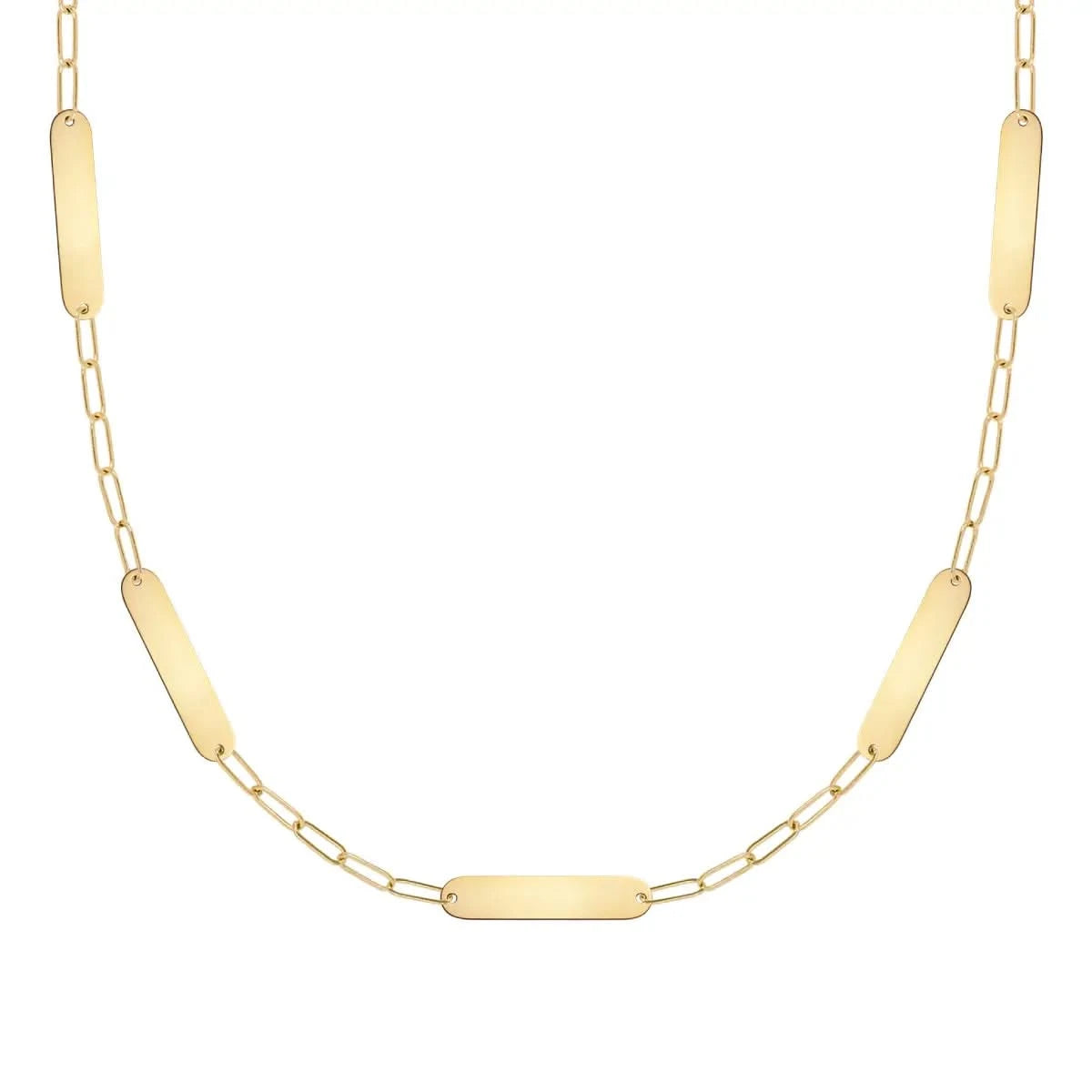 14k yellow gold Adelaide Mini necklace with five 16.33 x 3.72 mm blank engravable nameplates for personalized names or messages - front view.