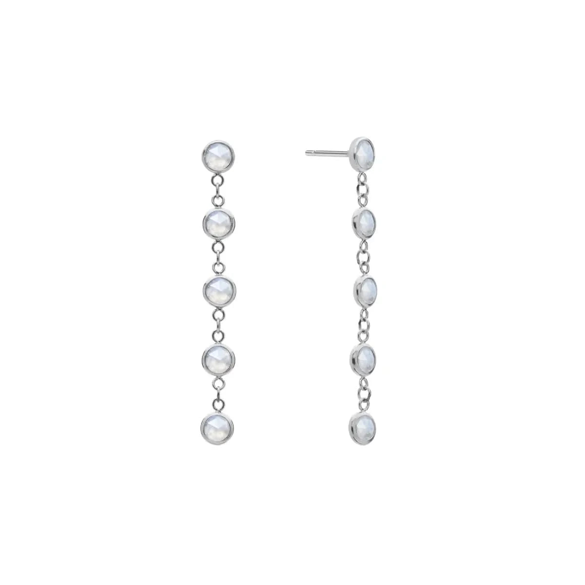 A pair of Newport earrings each featuring five 4 mm briolette cut moonstones bezel set in 14k white gold