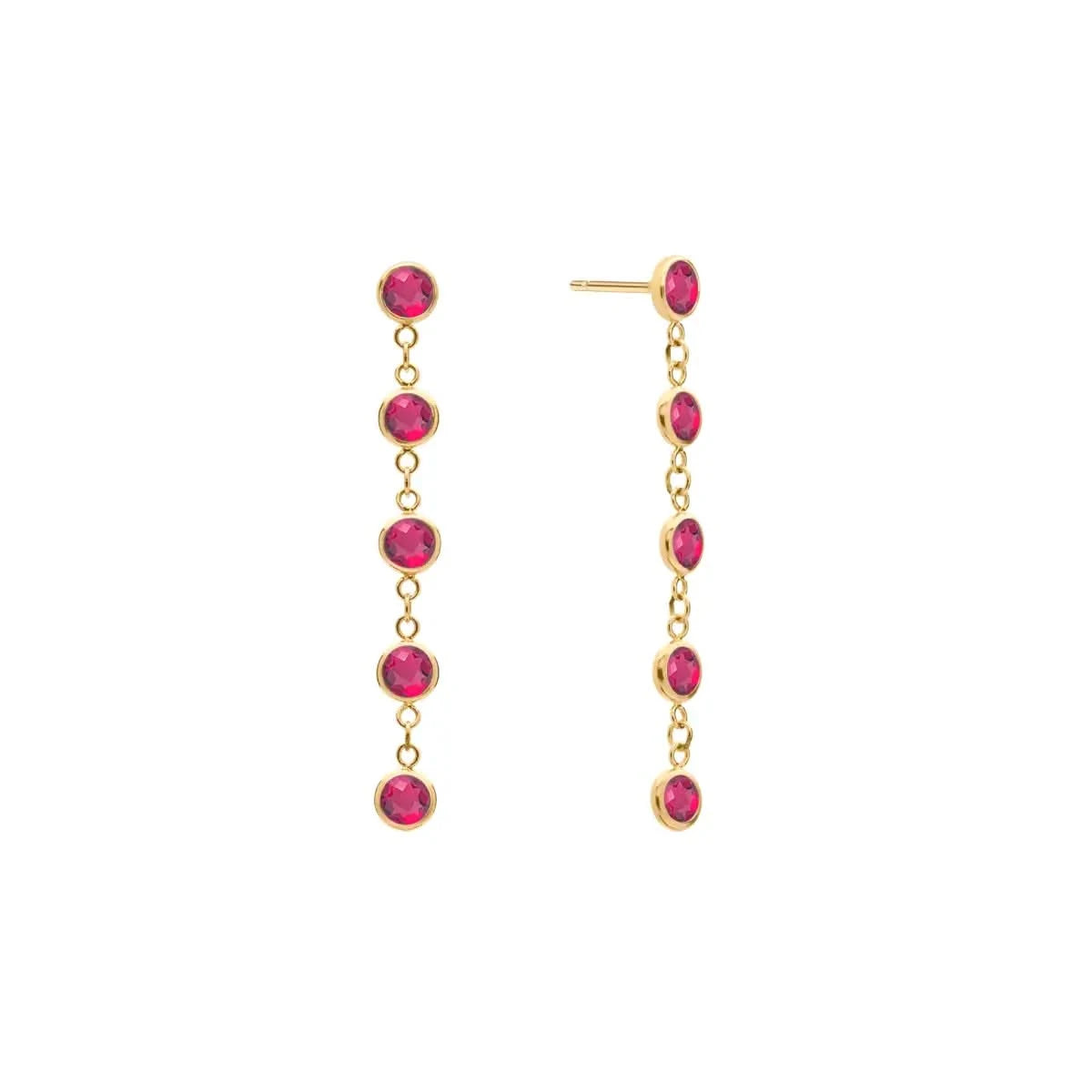 A pair of Newport earrings each featuring five 4 mm briolette cut rubies bezel set in 14k yellow gold