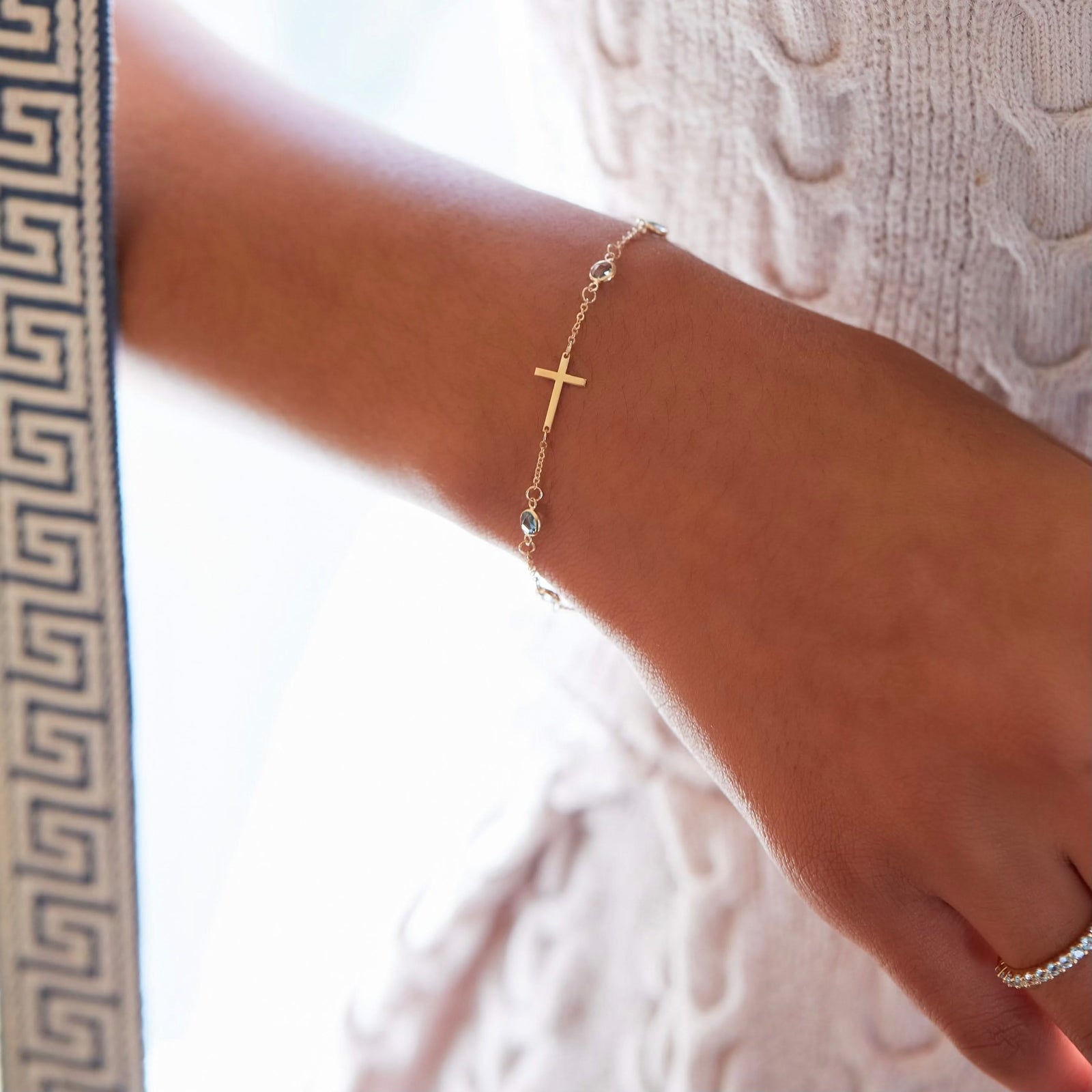 Bayberry Nantucket Blue Topaz Birthstone Cross Bracelet in 14k Gold (December)