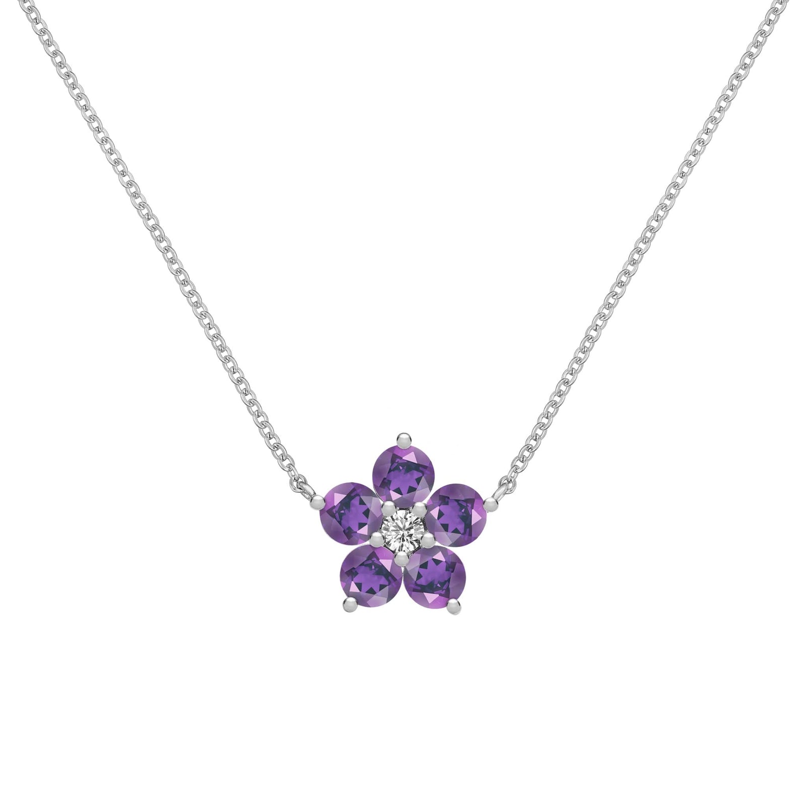 Greenwich Flower Amethyst & Diamond Necklace in 14k Gold (February)