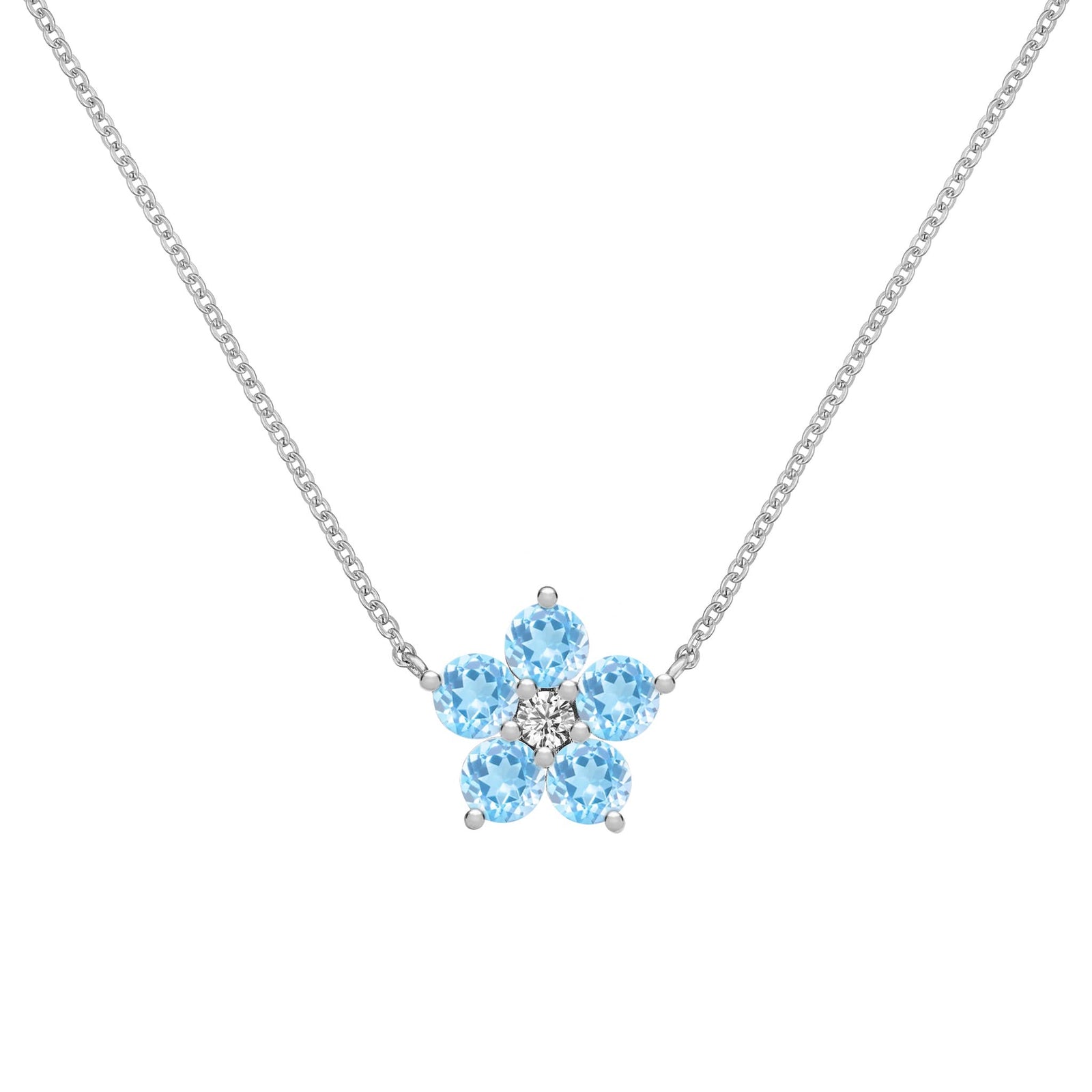 Greenwich Flower Nantucket Blue Topaz & Diamond Necklace in 14k Gold (December)