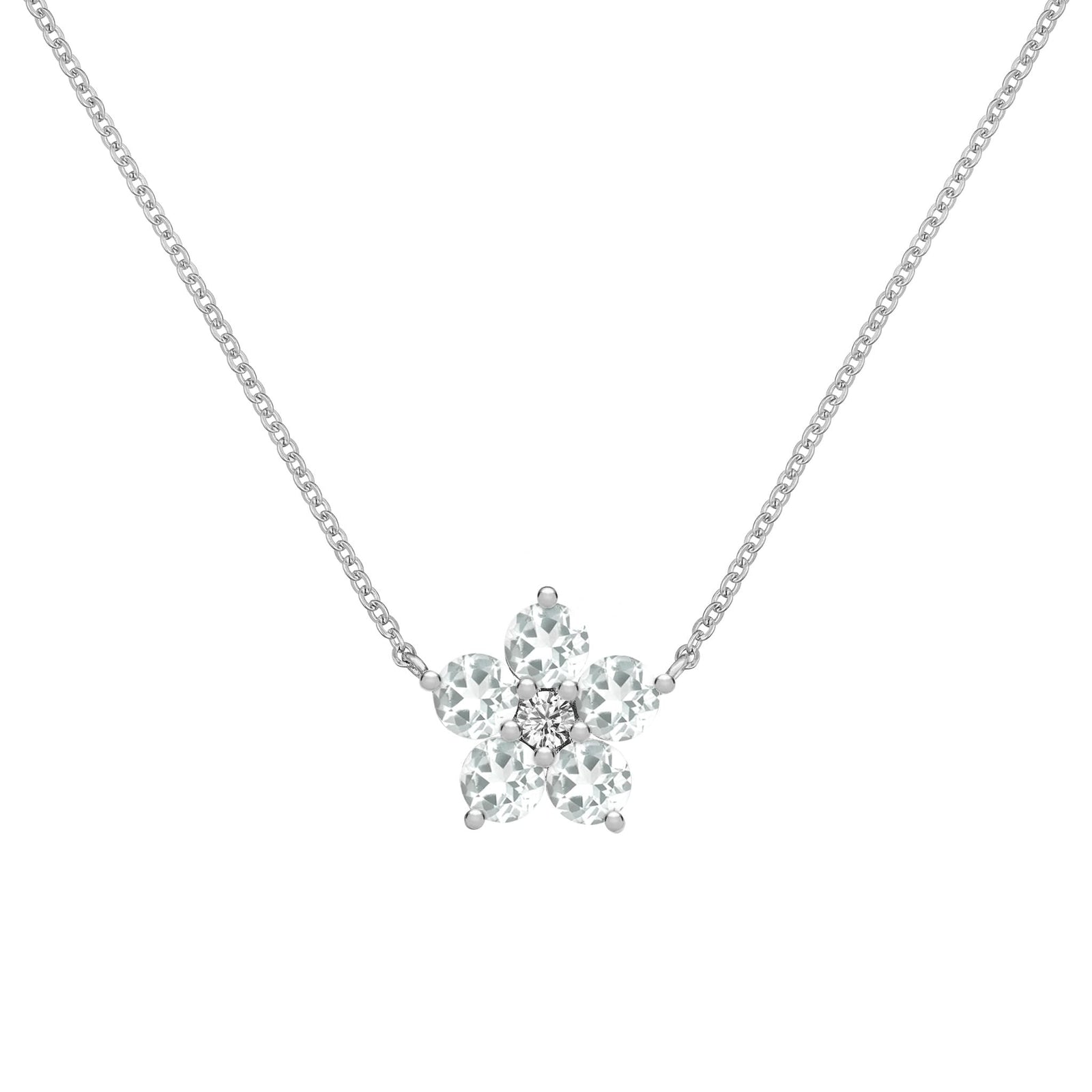 Greenwich Flower White Topaz & Diamond Necklace in 14k Gold (April)