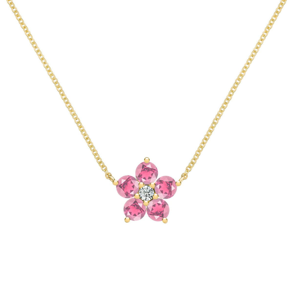 The Vault: Greenwich Flower Pink Tourmaline & Diamond Necklace, Yellow Gold Size Large with 2" Extender