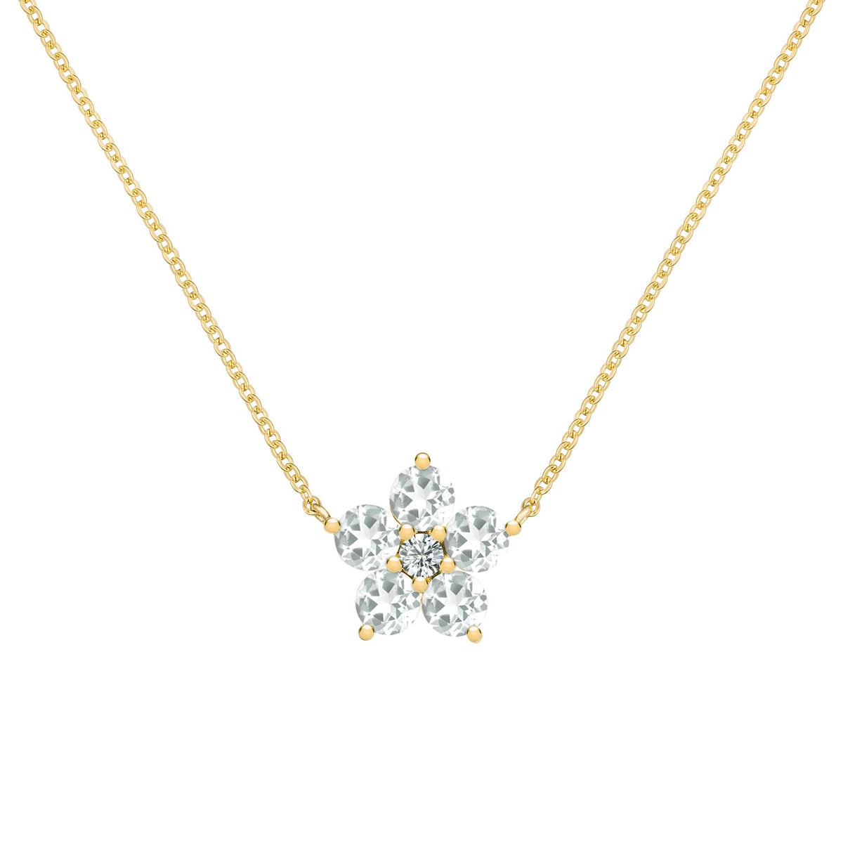 Greenwich Flower White Topaz & Diamond Necklace in 14k Gold (April)