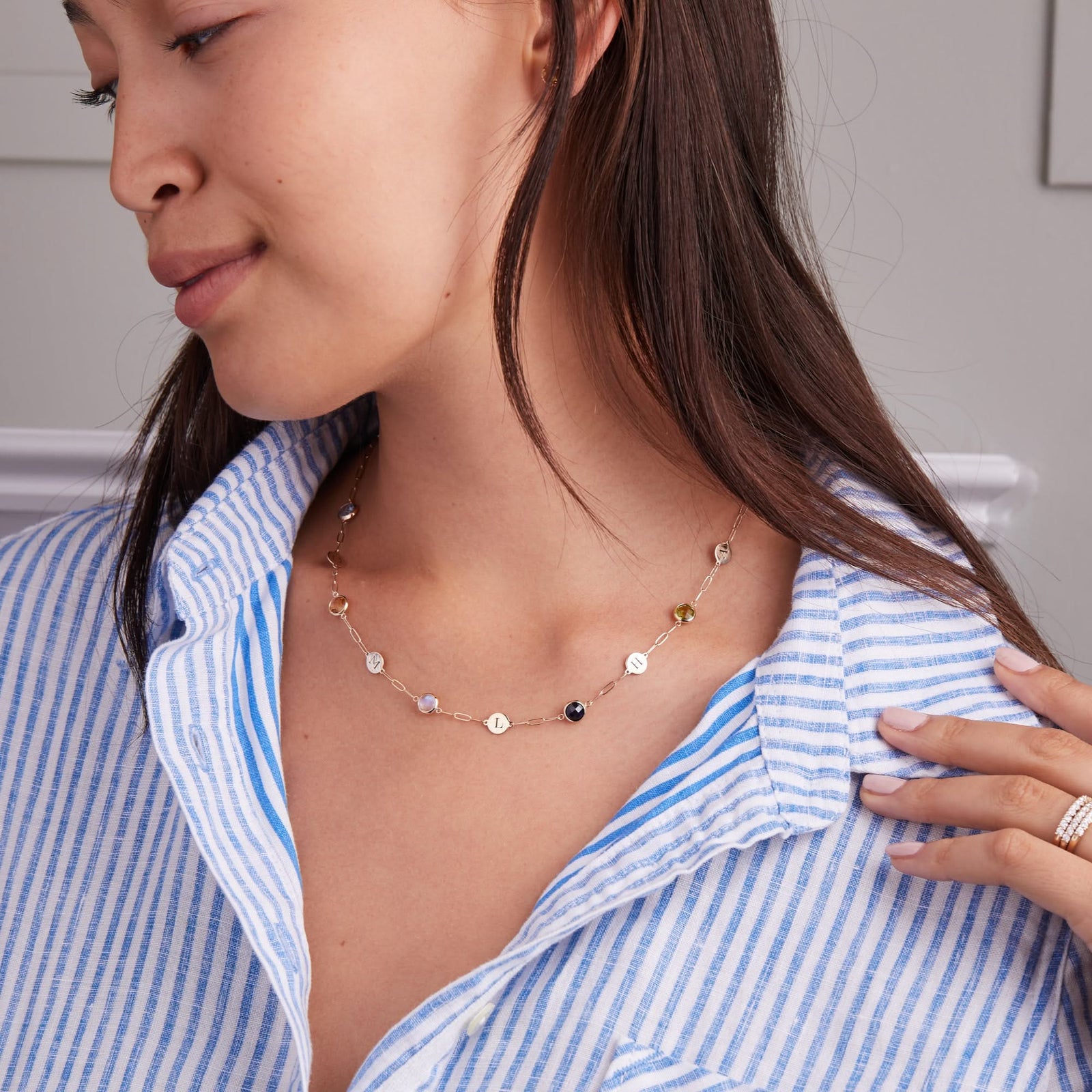 5 Letter & 5 Grand Birthstone Adelaide Mini Necklace in 14k Gold