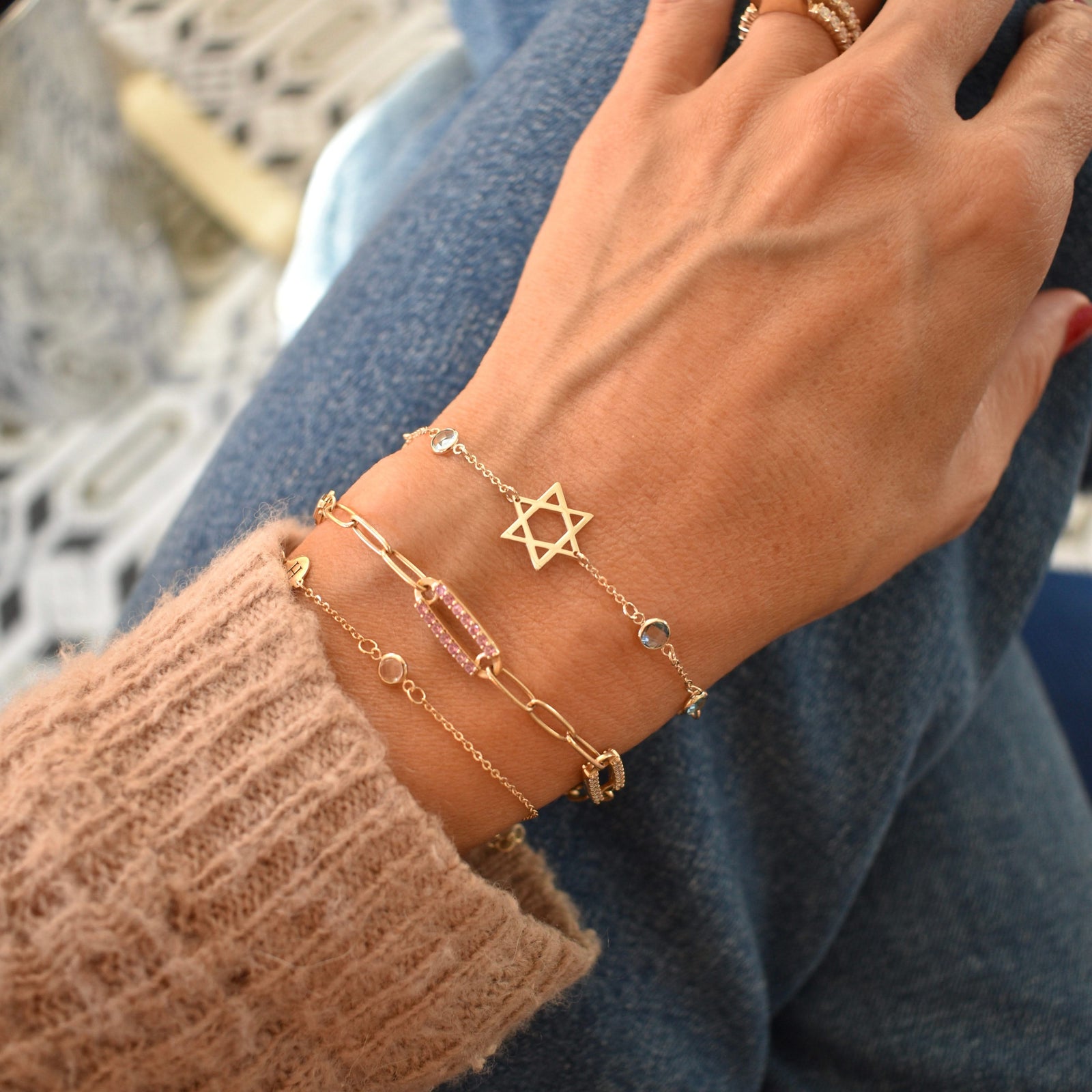 Star of David & Petite 4 Birthstone Bracelet in 14k Gold