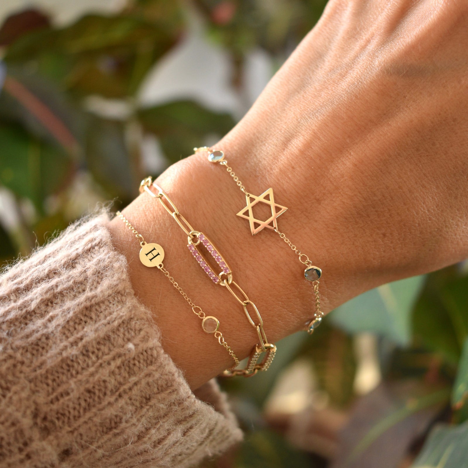 Star of David & Petite 4 Birthstone Bracelet in 14k Gold