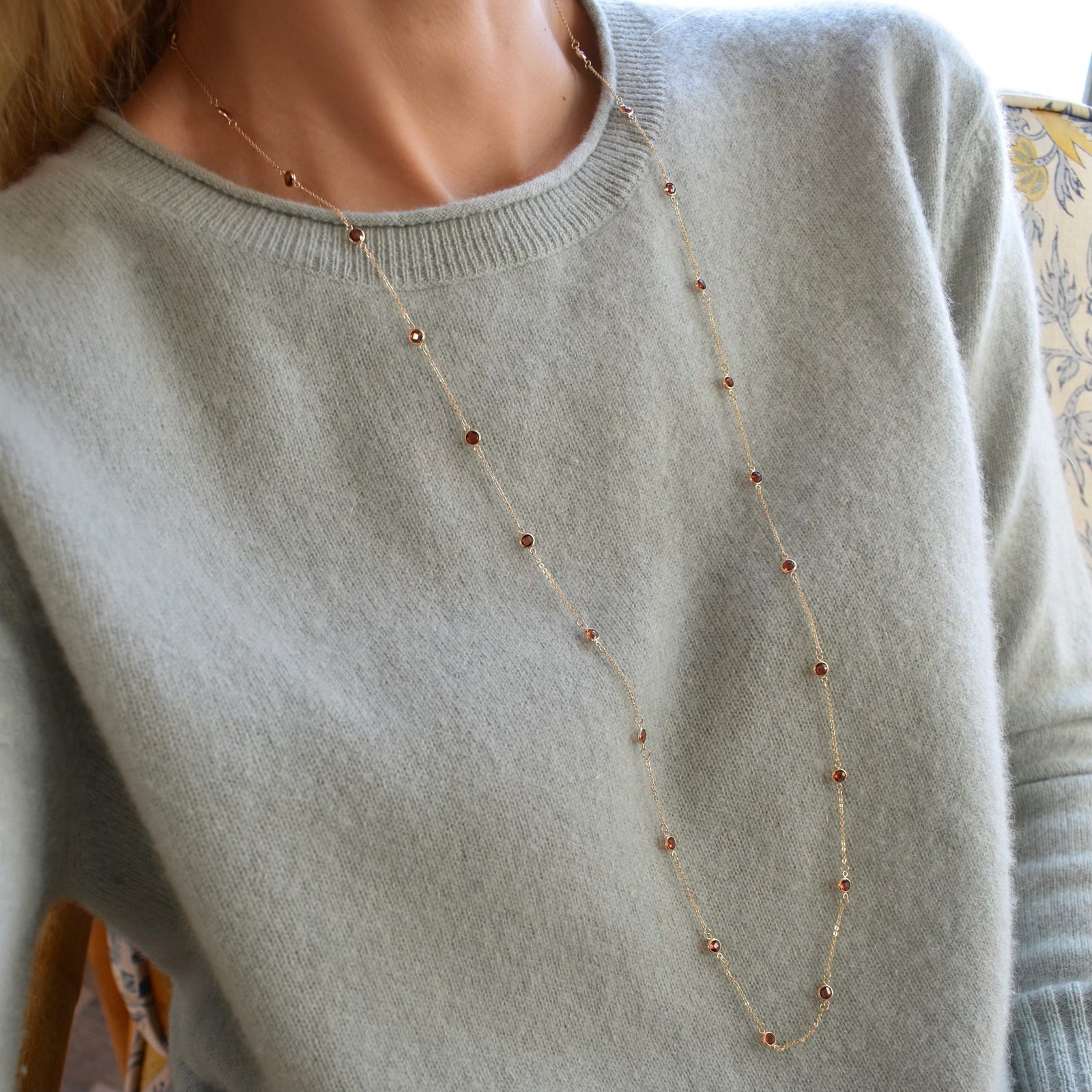 Bayberry Garnet Long Necklace in 14k Gold (January)