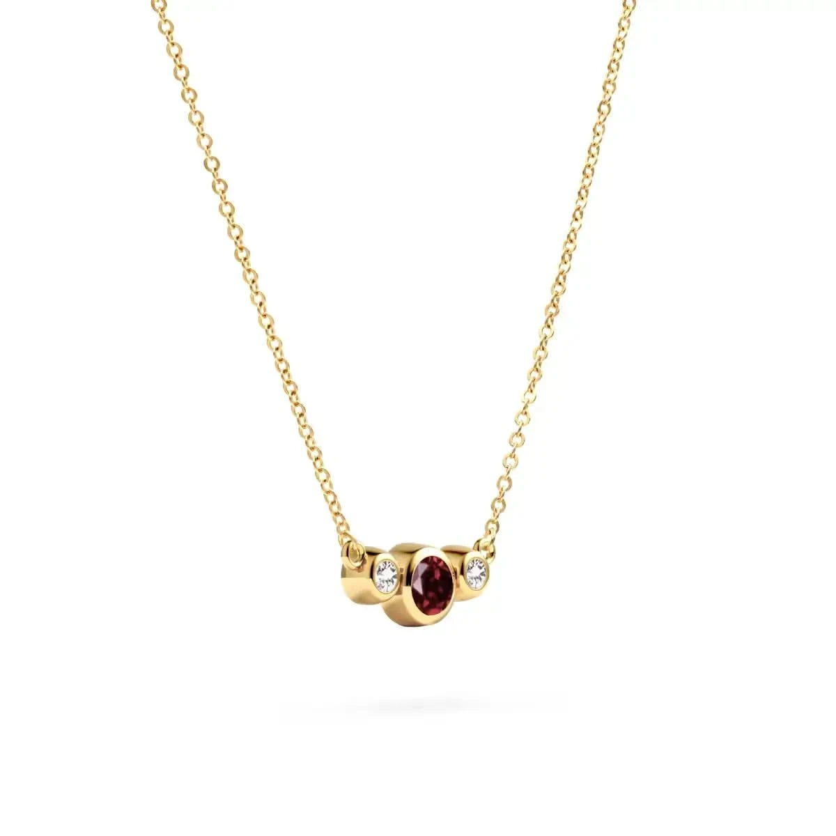 Barrington 3 Stone Necklace with bezel set 4 mm Garnet and two 2 mm Diamonds in 14k yellow gold on a saffron chain – angled view.