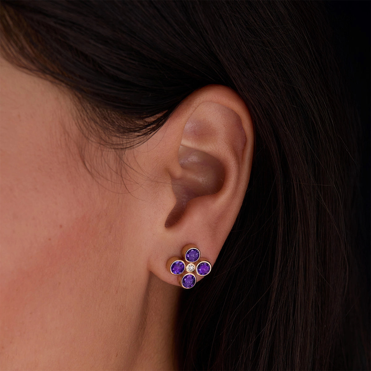 Barrington Quatrefoil Amethyst & Diamond Earrings in 14k Gold (February)