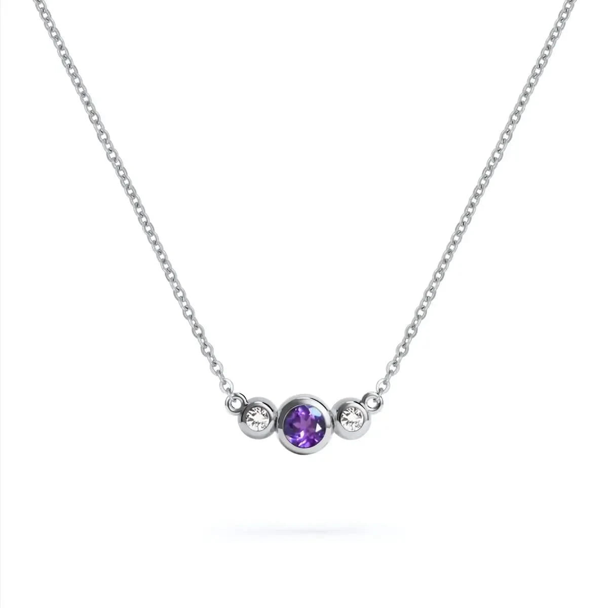 Barrington 3 Stone Necklace featuring a 4 mm round cut Amethyst center stone framed by two 2 mm round cut Diamonds bezel set in 14k white gold on a saffron chain – front view.