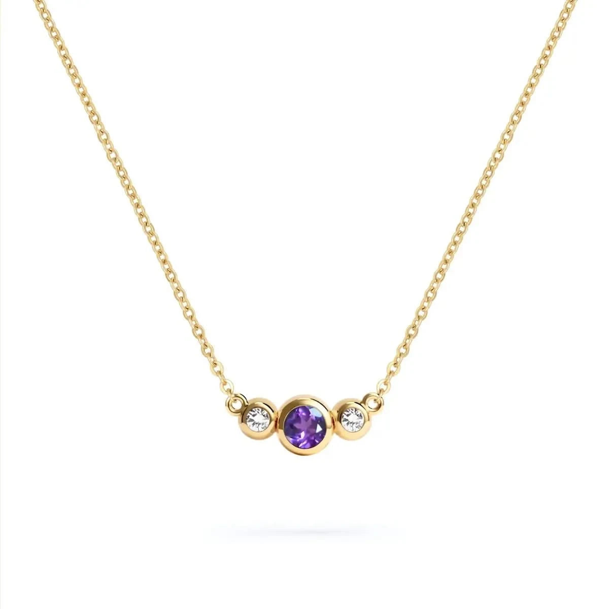 Barrington 3 Stone Necklace featuring a 4 mm round cut Amethyst center stone framed by two 2 mm round cut Diamonds bezel set in 14k yellow gold on a saffron chain – front view.